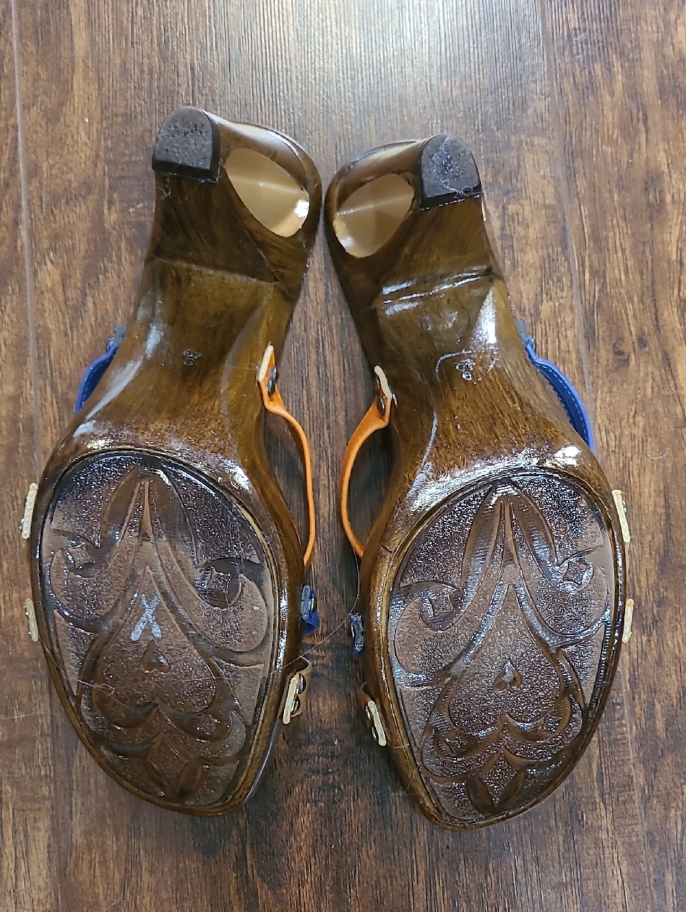 Italian Shoemakers Blue & Tan Strappy High-Heel Sandals Wood Size 9 - Picture 8 of 10